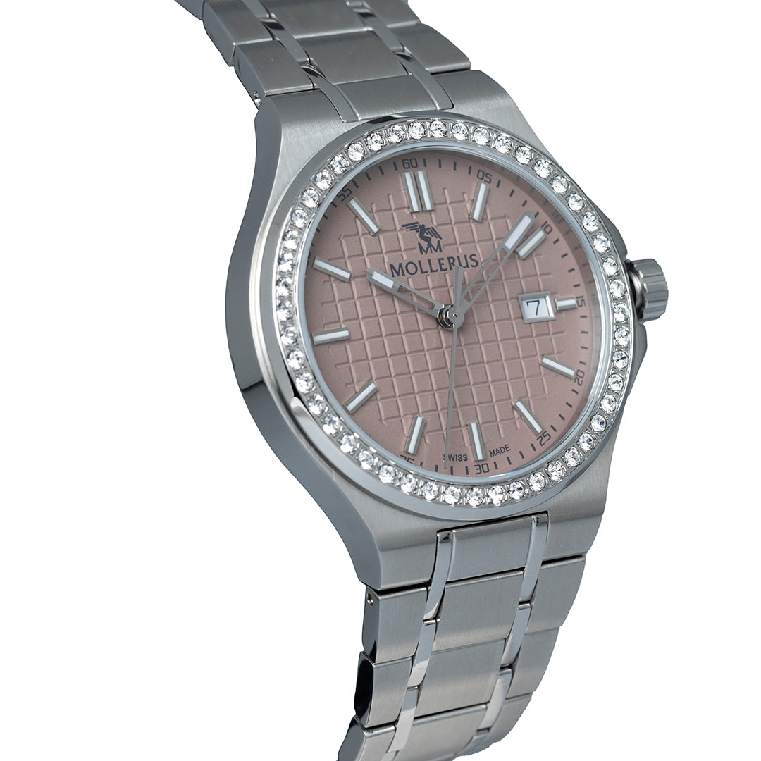 FIRST ENGELBERG |  Armbanduhr Edelstahl Zifferblatt rosé mit Swarovski Lünetten - seitlich