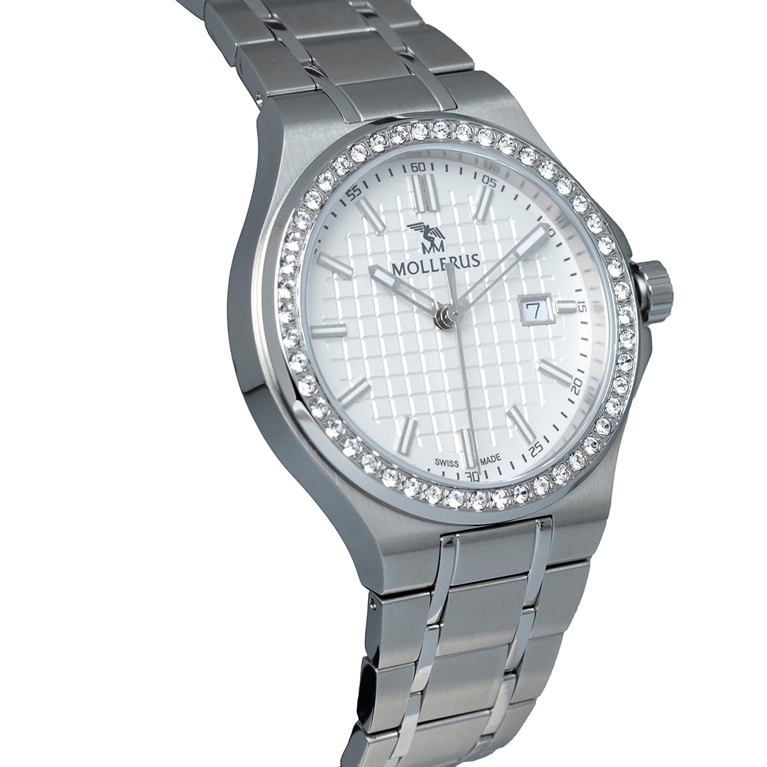 FIRST ENGELBERG |  Armbanduhr Edelstahl Zifferblatt weiss mit Swarovski Lünetten - seitlich