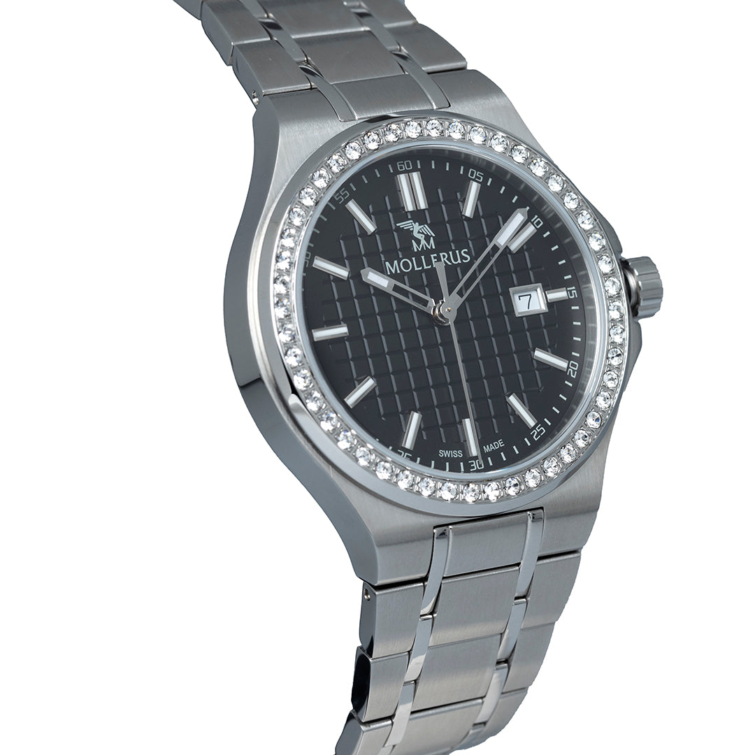 FIRST ENGELBERG |  Armbanduhr Edelstahl Zifferblatt schwarz mit Swarovski Lünetten - seiltich