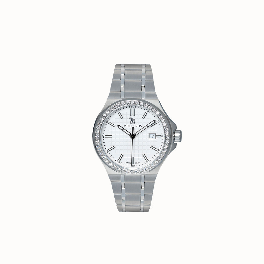 FIRST ENGELBERG |  Armbanduhr Edelstahl Zifferblatt weiss mit Swarovski Lünetten - frontal