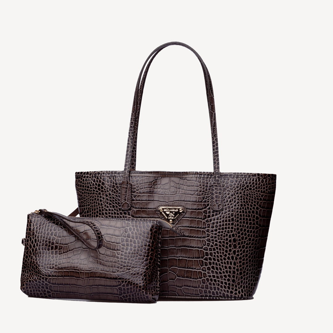 GENF | Shopper croco Kalbsleder grau/gold - frontal