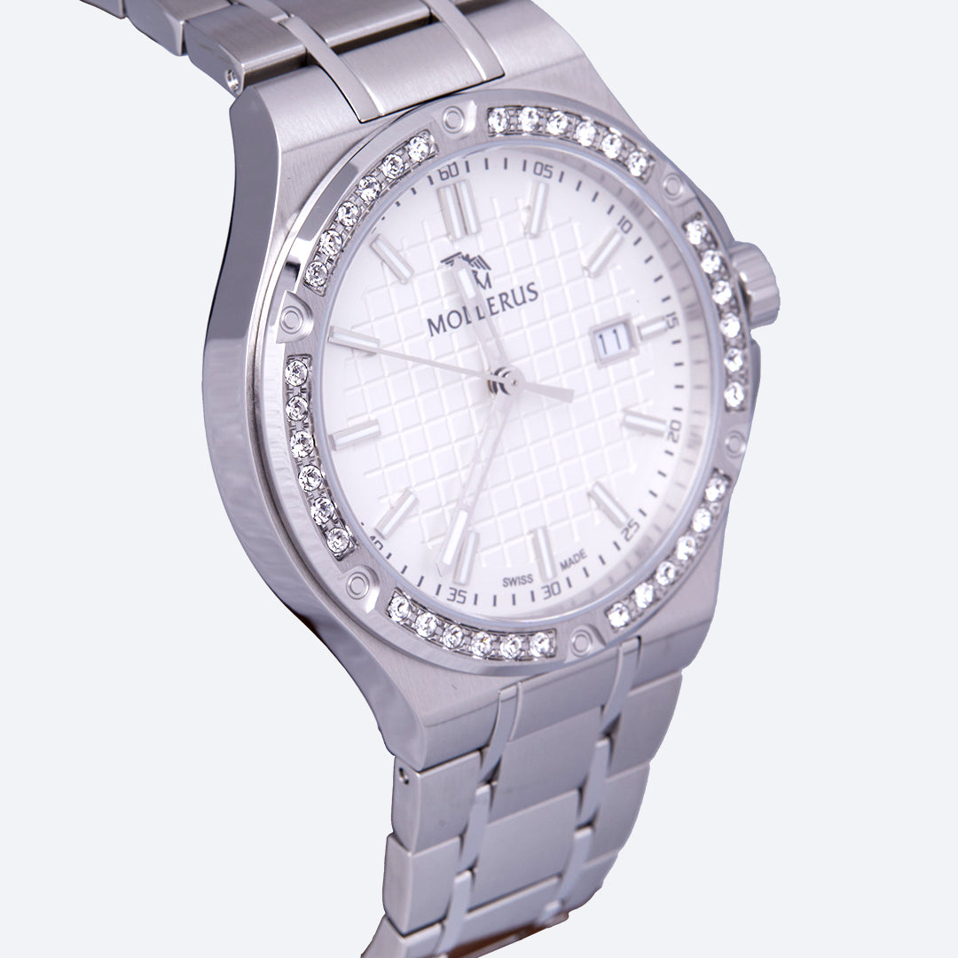 FIRST LADY ENGADIN | Armbanduhr Edelstahl Zifferblatt weiss/ Lünette Swarovski - seiltich