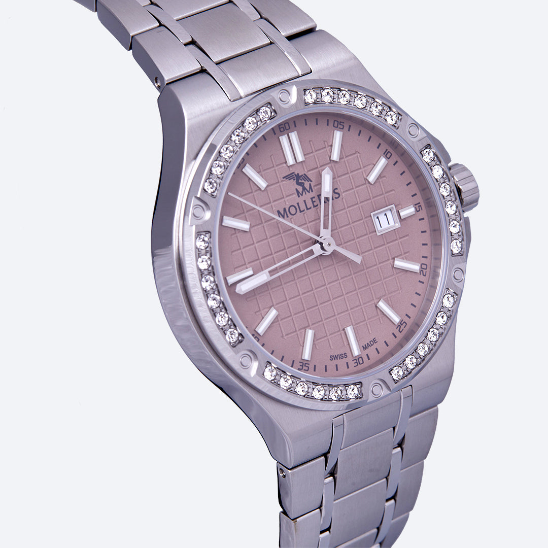 FIRST LADY ENGADIN | Armbanduhr Edelstahl Zifferblatt rosé/ Lünette Swarovski - seiltich