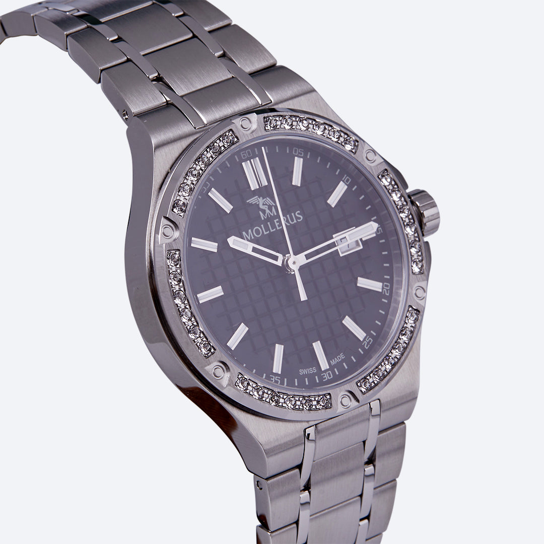 FIRST LADY ENGADIN | Armbanduhr Edelstahl Zifferblatt schwarz/ Lünette Swarovski - seiltich
