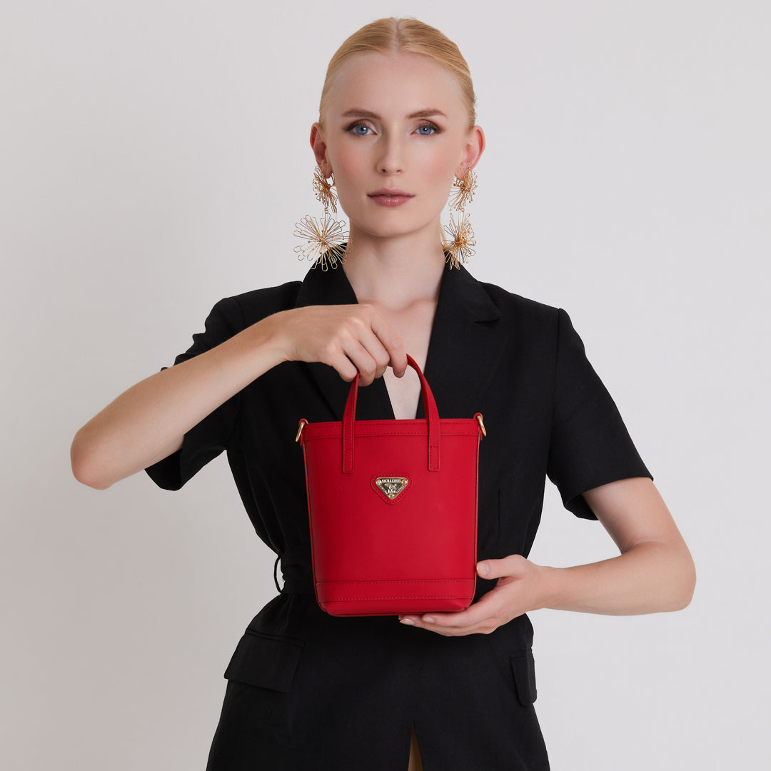 POMY | Shopper in pelle di mela/rosso/oro - dettaglio ravvicinato